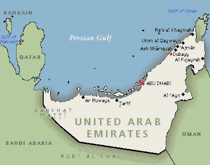 Map of UAE. Abu Dhabi 24°27'N, 54°23'E